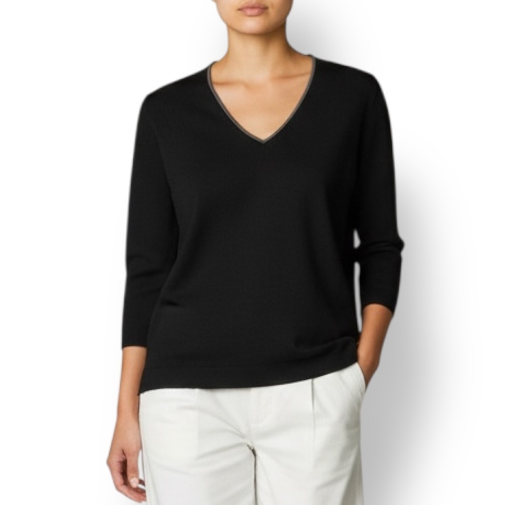 4/$20 Dana Buchman Black V-Neck Knit Top Leather Trim 3/4 Sleeve Size Large